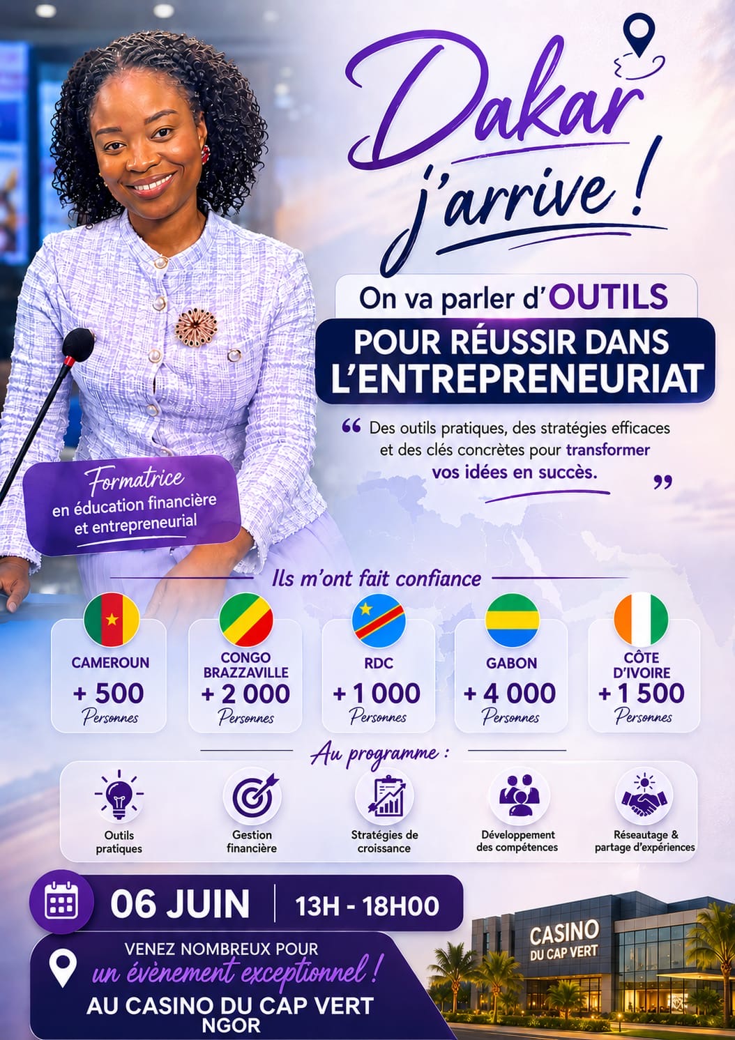 Flyer conférence Dakar j'arrive, outils pour réussir dans l'entrepreneuriat